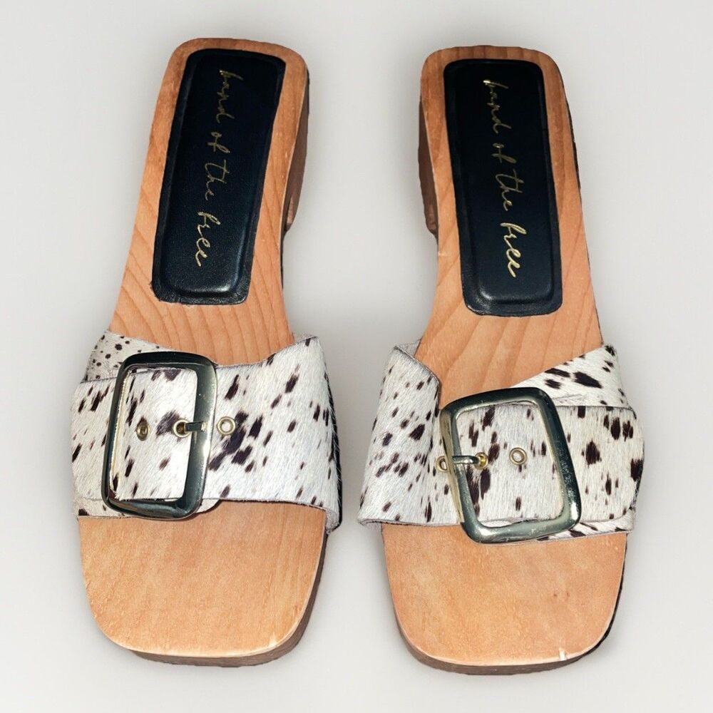 Band of the Free Bela Wood Clog Sandal Cow Hair Slide Size 8 Platform Buckle